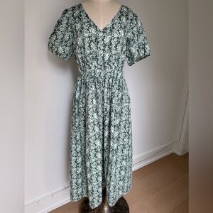 J. Crew Green and White Smocked Waist Poplin Midi Dress- Size 8